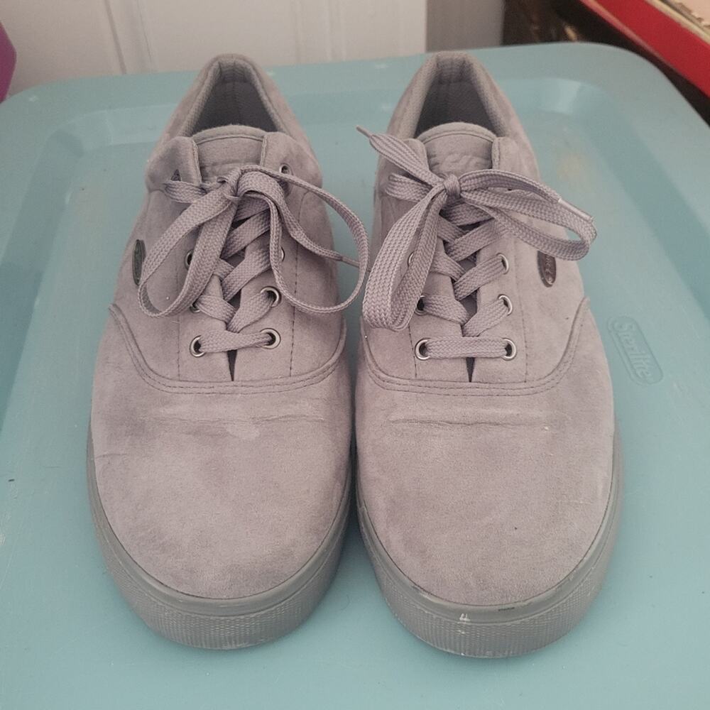 Size 10.5 gray Lugz suede-textured sneakers, fair condition, needs cleaning